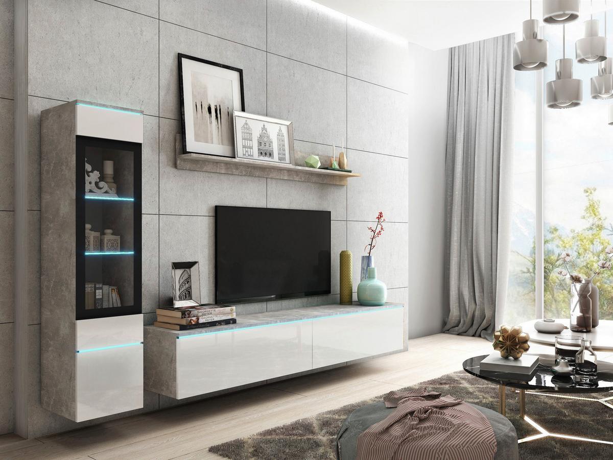 Obývaccí stěna VERA beton/bílá VL - šedá/vysoce lesklá bílá, Lifestyle, kompozitní dřevo/plast (210/130/33cm) - P & B