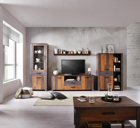 Wohnwand mit Vitrinen, TV-Element und Wandboard Wohnwand in Betonoptik und Eiche Dekor