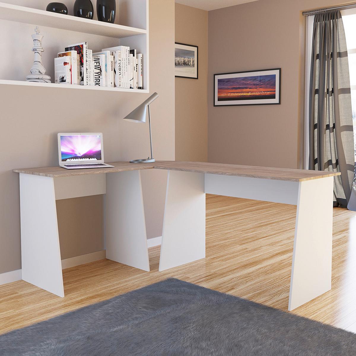 Eckschreibtisch B 135cm H 74cm Masola, Weiß/Eiche Dekor - Weiß/Sonoma Eiche, Design, Holzwerkstoff (105/135/74cm) - MID.YOU
