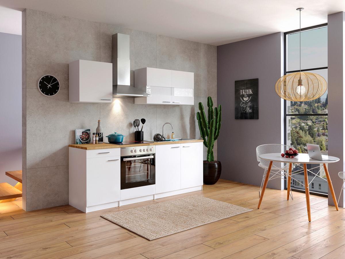 Küchenzeile Economy mit Geräten 210 cm Weiß/Nussbaum Dekor - Nussbaumfarben/Weiß, Basics, Holzwerkstoff (210cm) - Respekta