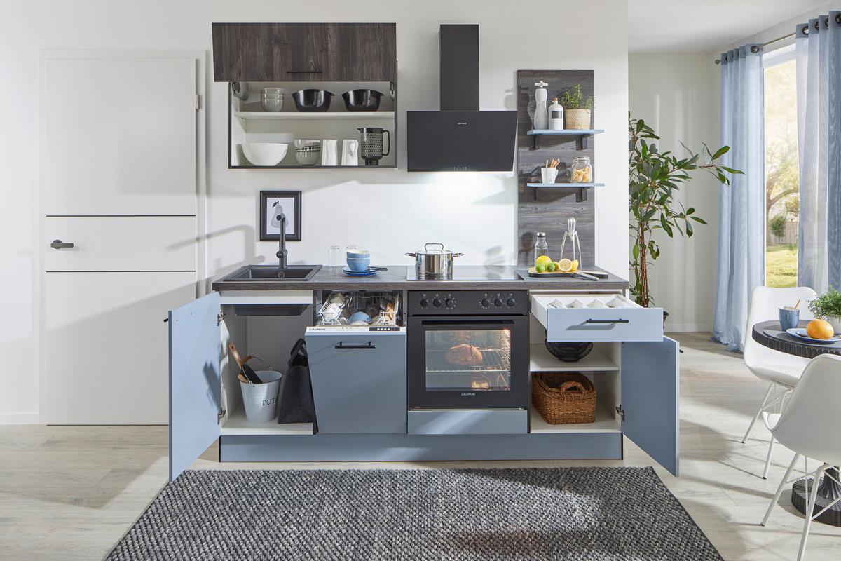 Küchenblock Pn105 / Pn100 - Eiche dunkel/Pastellblau, Basics, Holzwerkstoff (205cm) - Pino