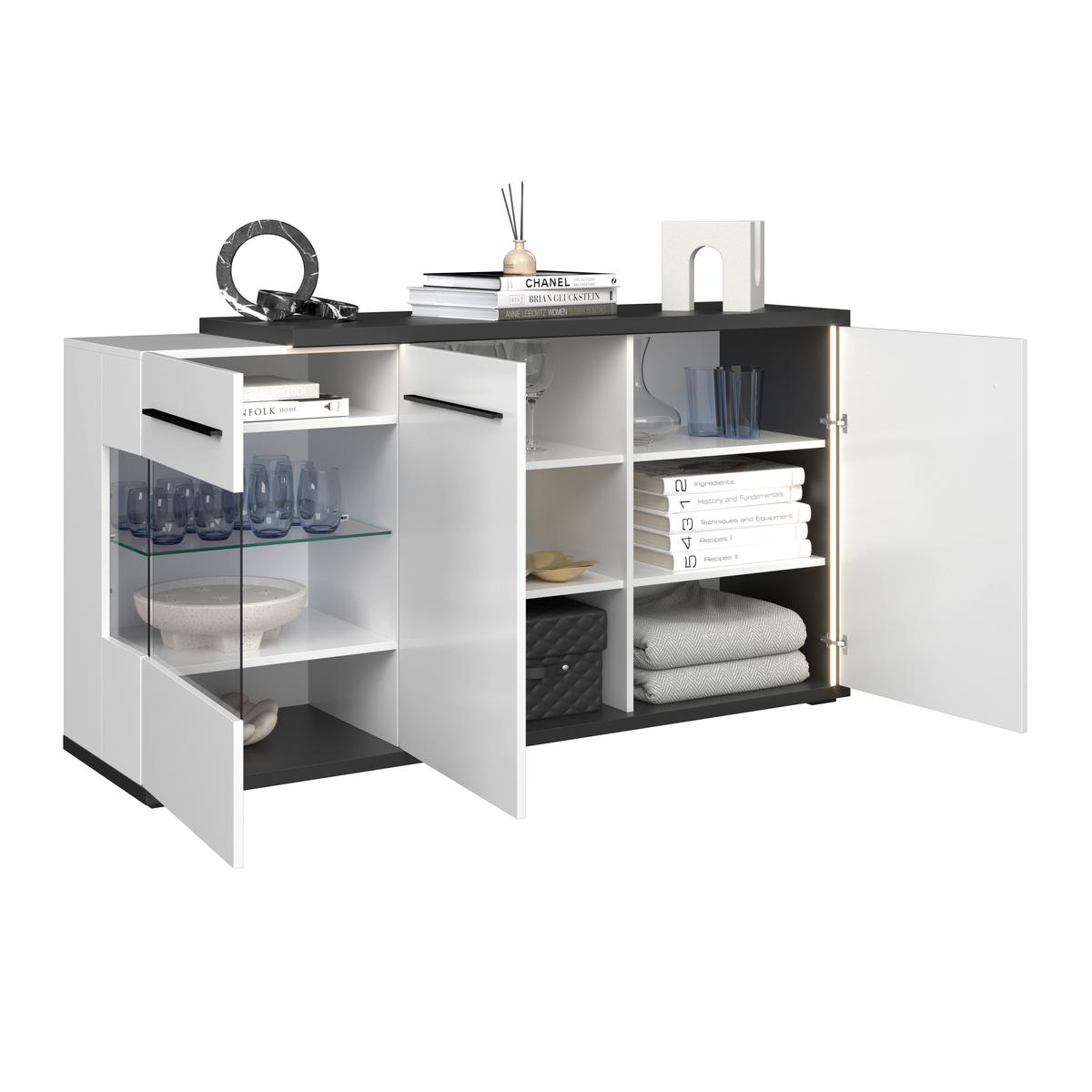 Wohnwand Ambiente Plus Anthrazit/ Weiß B: 300,2 cm - Weiß Hochglanz/Anthrazit, MODERN, Glas/Holzwerkstoff (300,2/199,1/43,6cm)