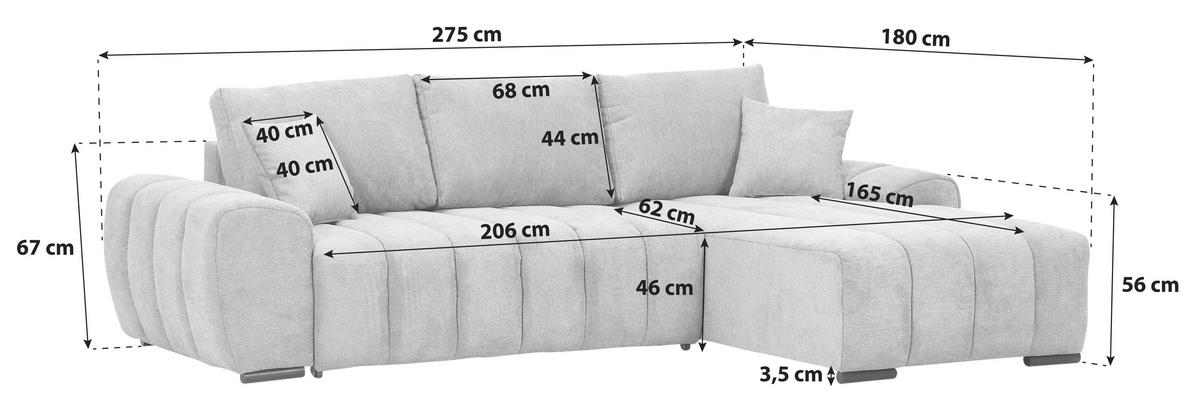 Ecksofa M Schlaffunktion Barca + Kissen Blau 275x180 Cm - Blau/Schwarz, KONVENTIONELL, Textil (275/180cm) - P & B