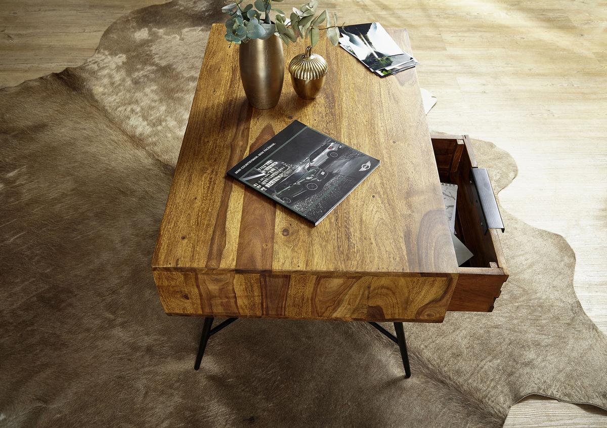 Couchtisch Holz Mit Schublade + Fach Nishan, Sheesham - Sheeshamfarben/Schwarz, Design, Holz/Metall (87/41/55cm) - MID.YOU