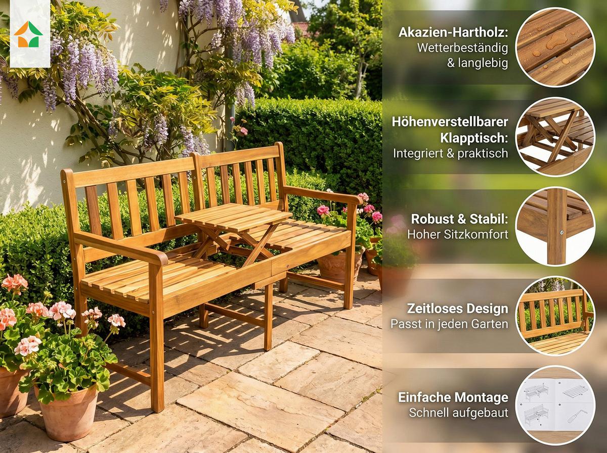 Holzbank mit Tisch LxBxH: ca. 153x57x88 cm - Akaziefarben, Basics, Holz (153/57/88cm) - Prestige Home