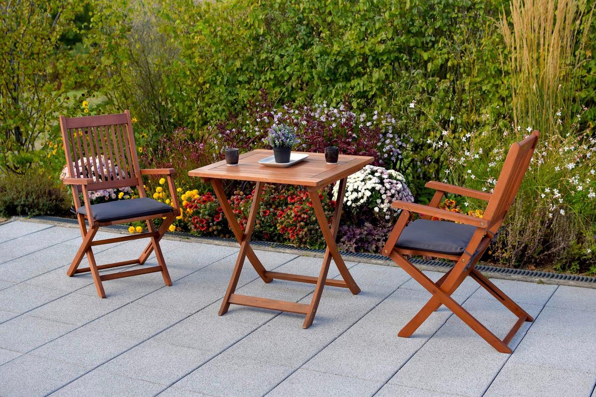 Gartentischgruppe Rio 3 -Teilig. Grün/Naturfarben - Eukalyptusholzfarben/Grau, KONVENTIONELL, Holz/Textil - Gardenson