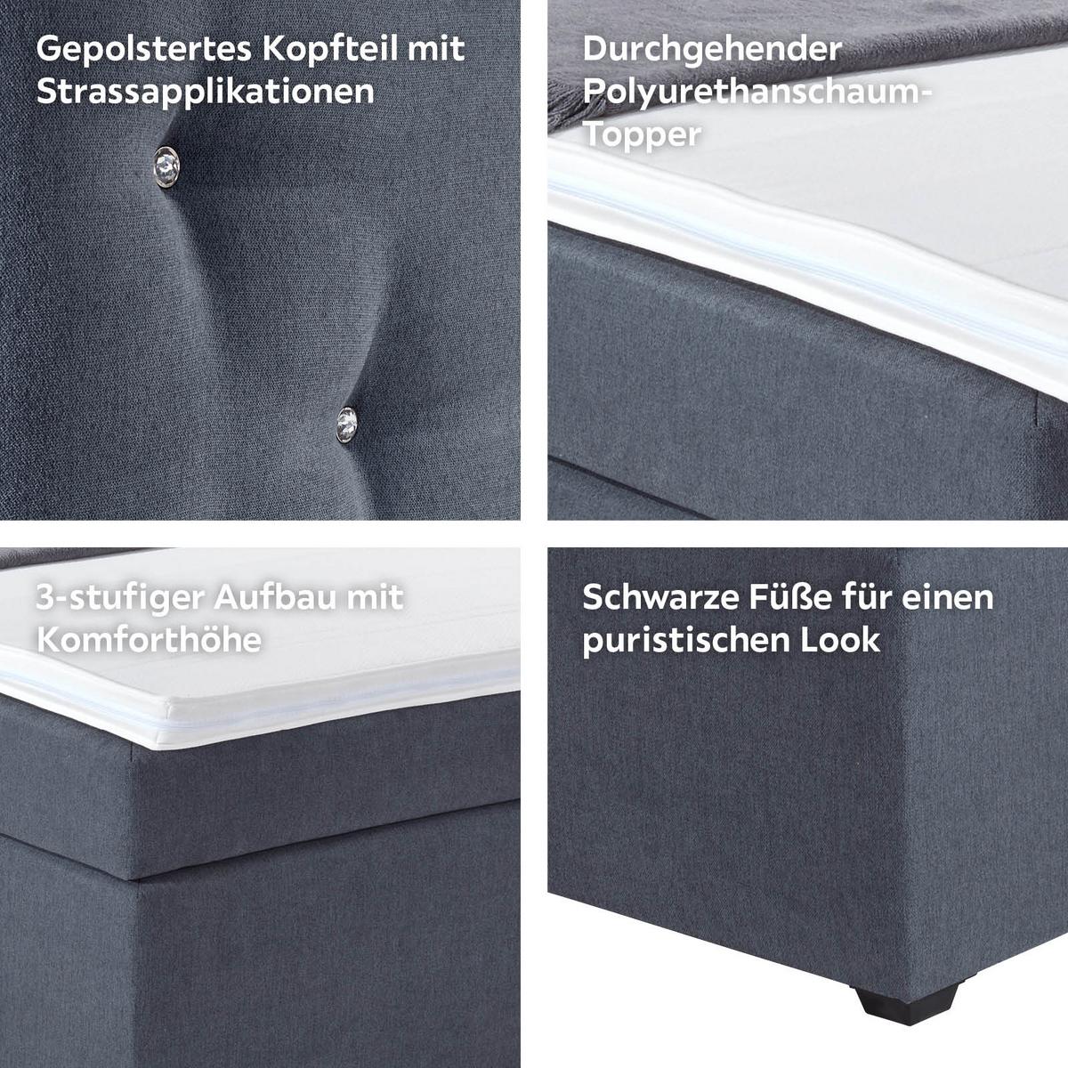 Boxspringbett Mit Topper, Strasssteinen 180x200 Luminosa - Anthrazit/Schwarz, MODERN, Textil (180/200cm)