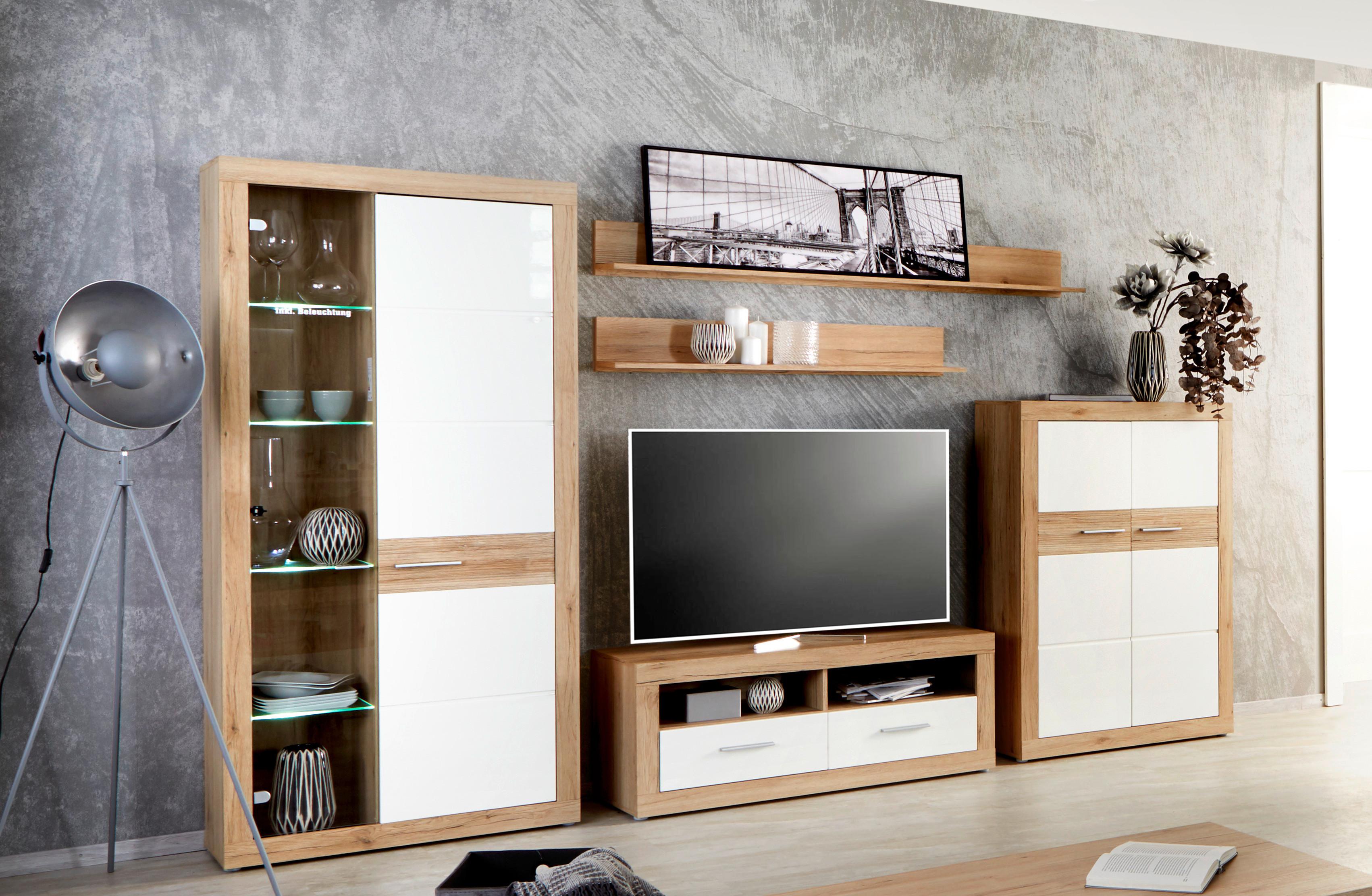 Wohnkombination 5--Teilig. mit LED Malta, Eiche Dekor/Weiß