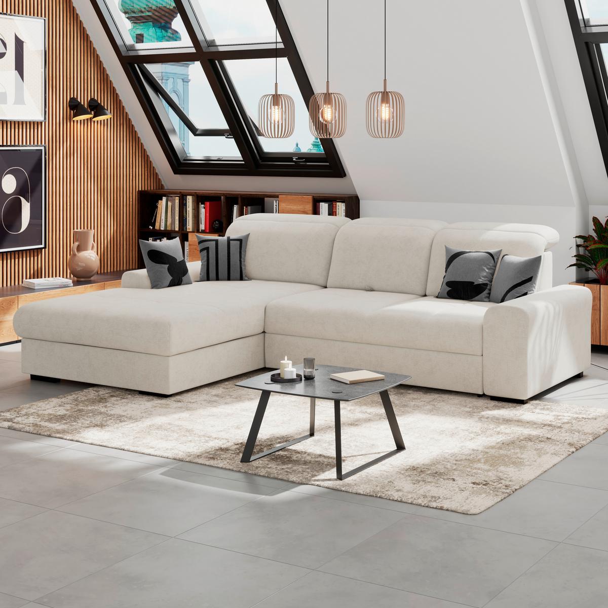 Ecksofa mit Bettfunktion Malaga new Chenille elfenbein - Elfenbein/Schwarz, KONVENTIONELL, Textil (203/286cm) - Ondega