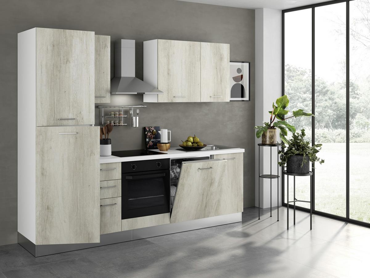 Küchenzeile Gardena mit Geräten 255 cm Eiche Dekor - Eiche Bianco/Alufarben, MODERN, Holzwerkstoff/Kunststoff (255/88/216cm) - MID.YOU