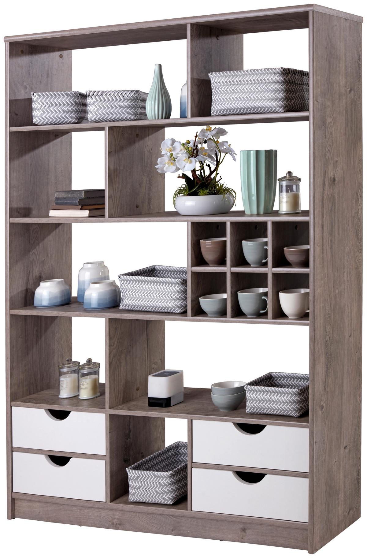 Regal mit Laden Meggy B 140cm, Ribbeck Eiche Dekor - Eiche grau, MODERN, Holz (140/184/32cm)