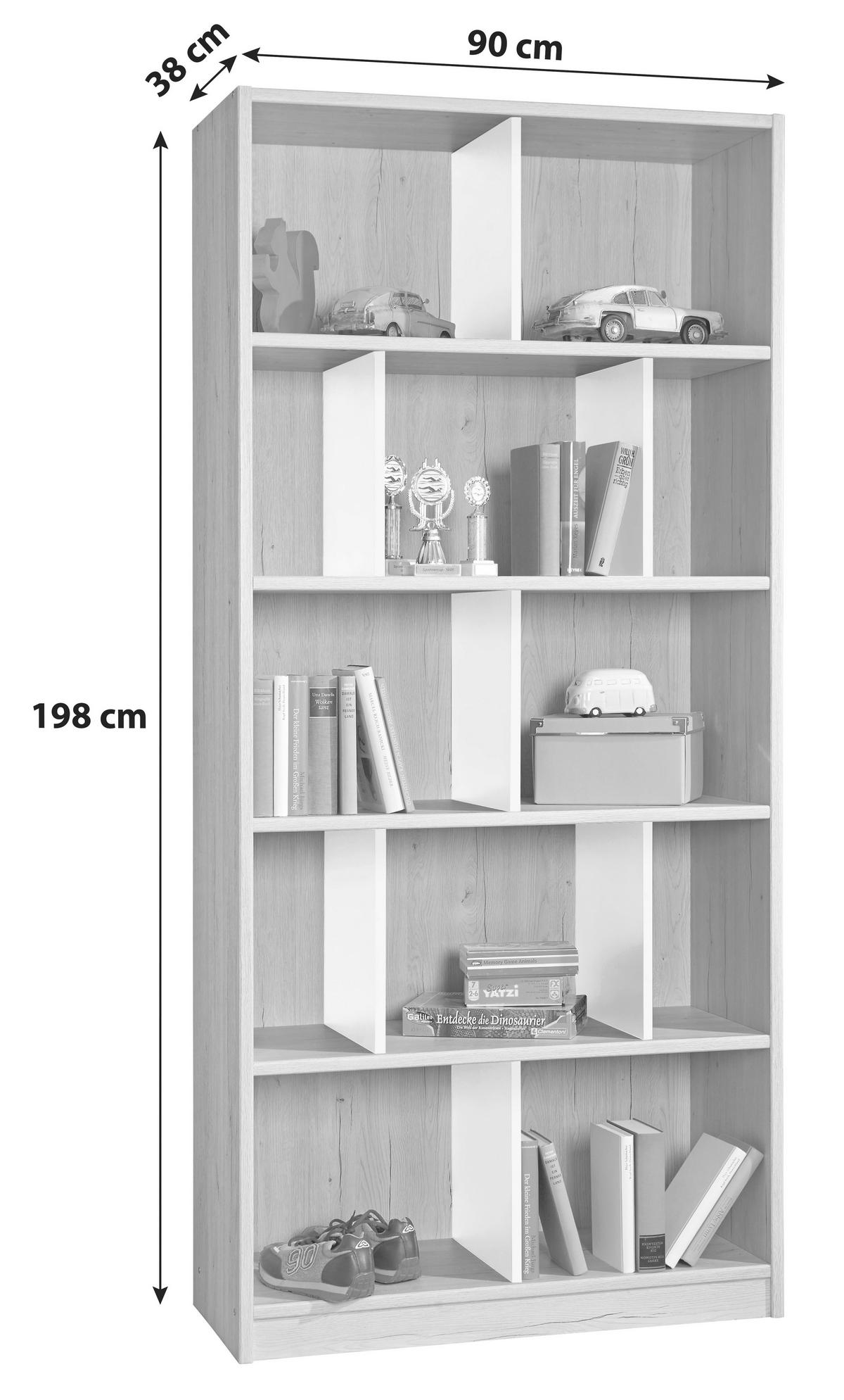Regál CARIBA šírka 90cm - biela/farba duba, Design, kompozitné drevo (90/198/38cm) - MID.YOU