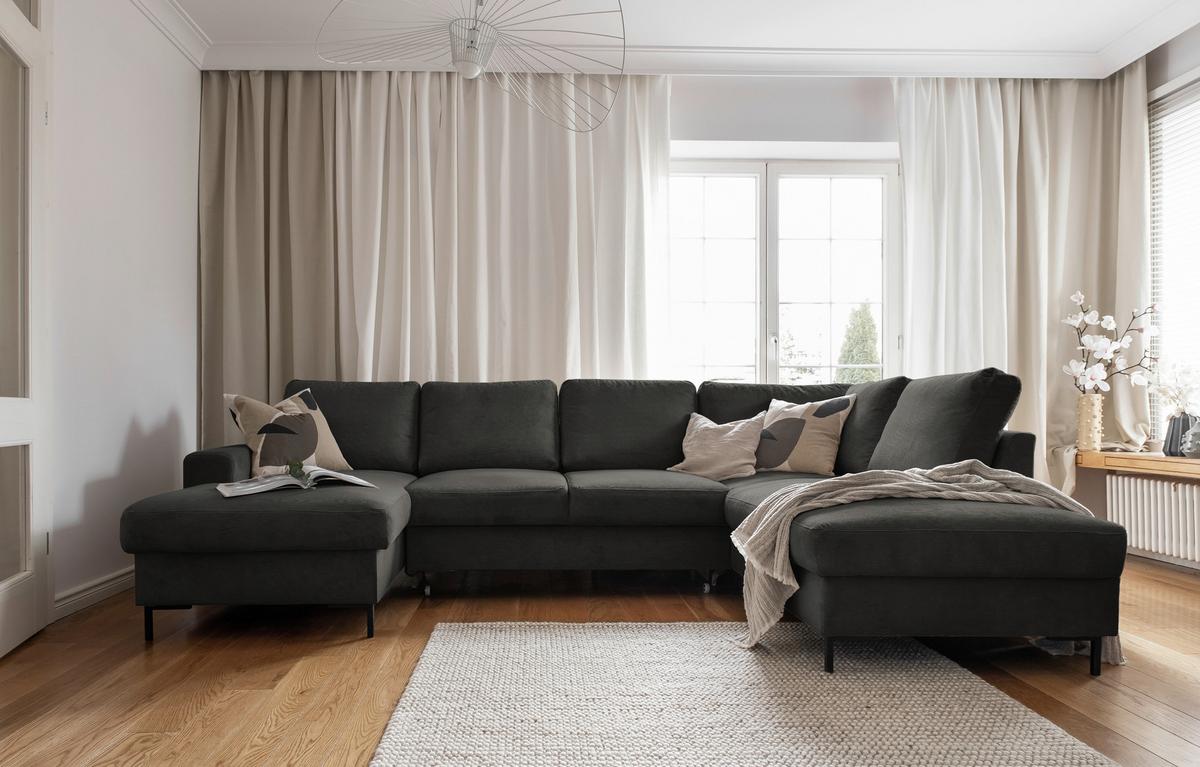 Sedačka LEONIE U, pravá, šedý manšestr - šedá/černá, Design, kov/dřevo (148/303/197cm)