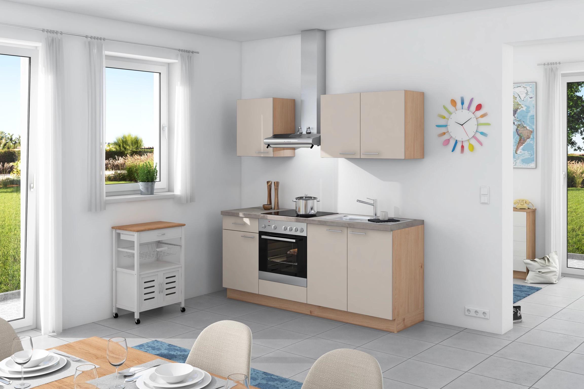 Küchenzeile Base ohne Geräte 200 cm Crema/Eiche/Beton Hell - Wildeiche/Creme, Design, Holzwerkstoff (200cm) - Express