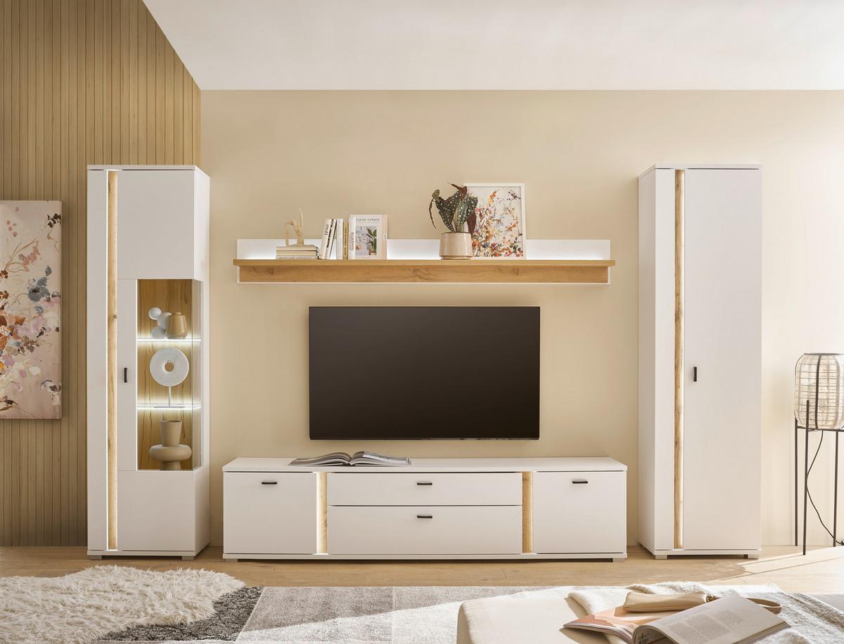 Wohnwand Long Island Weiß/Eiche Wotan B: 330cm - Silberfarben/Eiche Wotan, Design, Glas/Holzwerkstoff (330/200/42cm) - MID.YOU