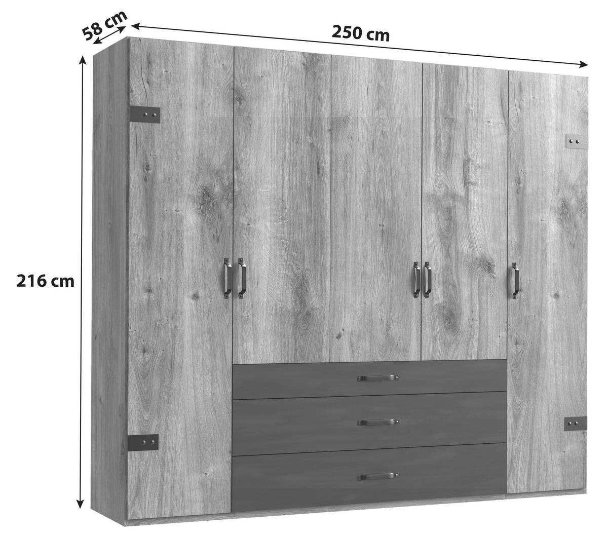 Drehtürenschrank mit Laden 250cm Detroit, Eiche/Graphit - Eichefarben/Graphitfarben, Basics, Holzwerkstoff (250/216/58cm) - MID.YOU