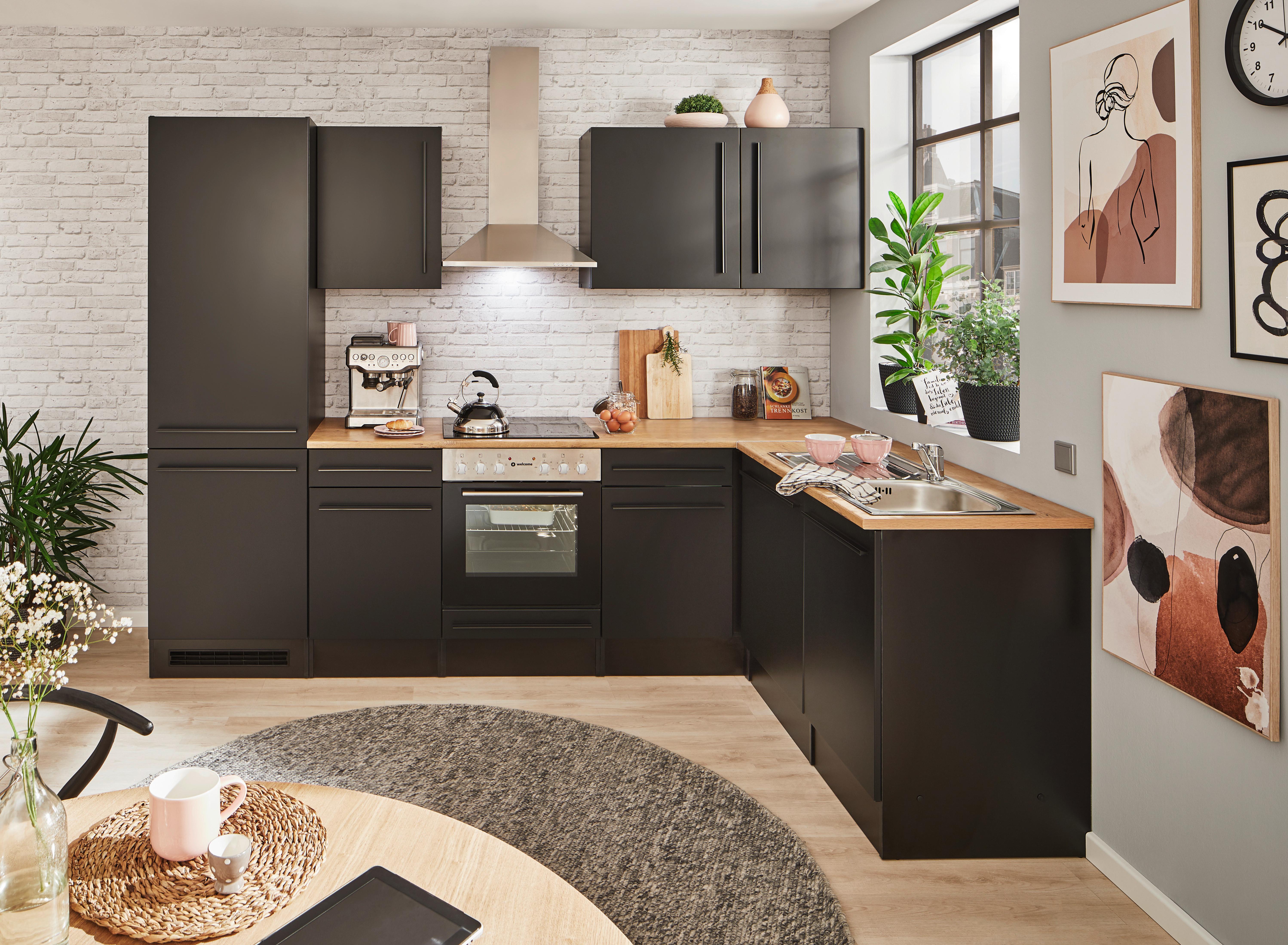 Eckküche Jazz 8 280 Schwarz S: 280x175 Cm - Eichefarben/Schwarz, LIFESTYLE, Holzwerkstoff (280/175cm) - MID.YOU