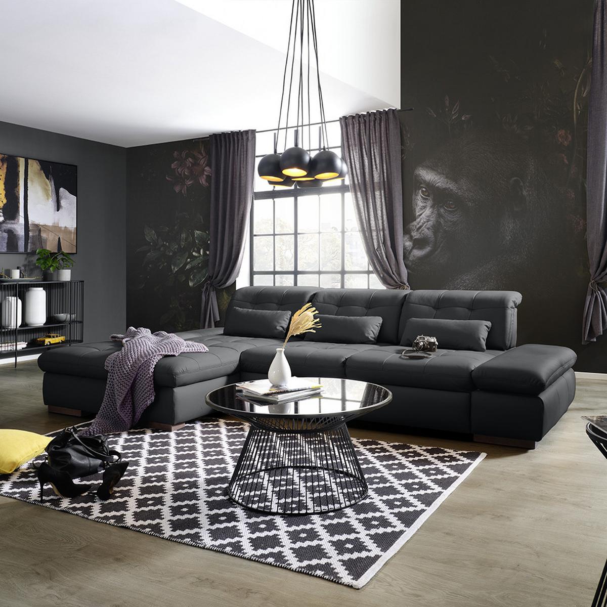 Rohová sedačka SANFINO, ľavá, čierna pravá koža - čierna/chrómová, Konventionell, kov/koža (199/79-96/305cm) - Premium Living