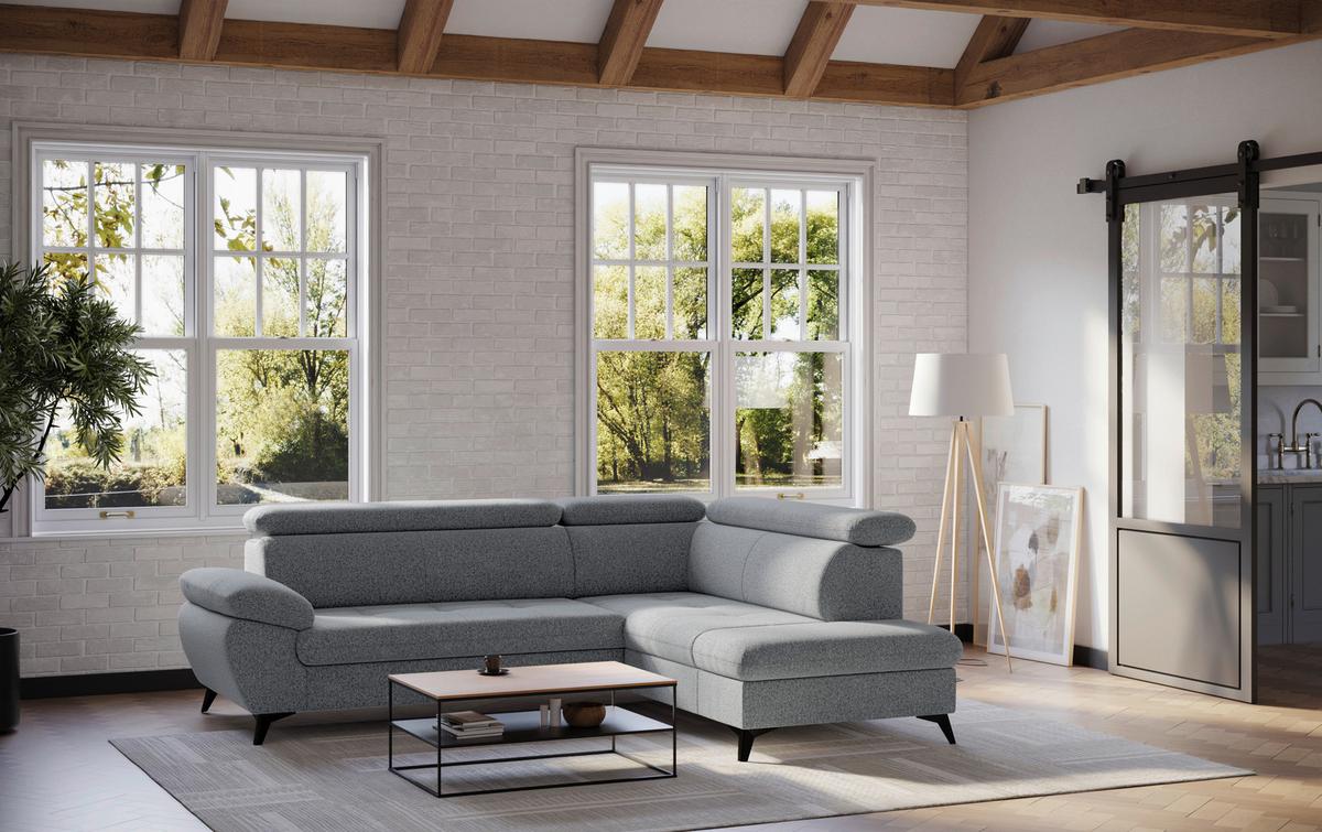 Ecksofa mit Bettfunktion Hudson, Chenille grau - Schwarz/Grau, KONVENTIONELL, Textil (256/207cm) - Sembella