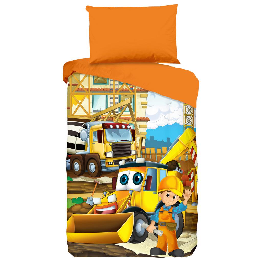 Kinderbettwäsche 140x200 cm Building Auto Naturfaser