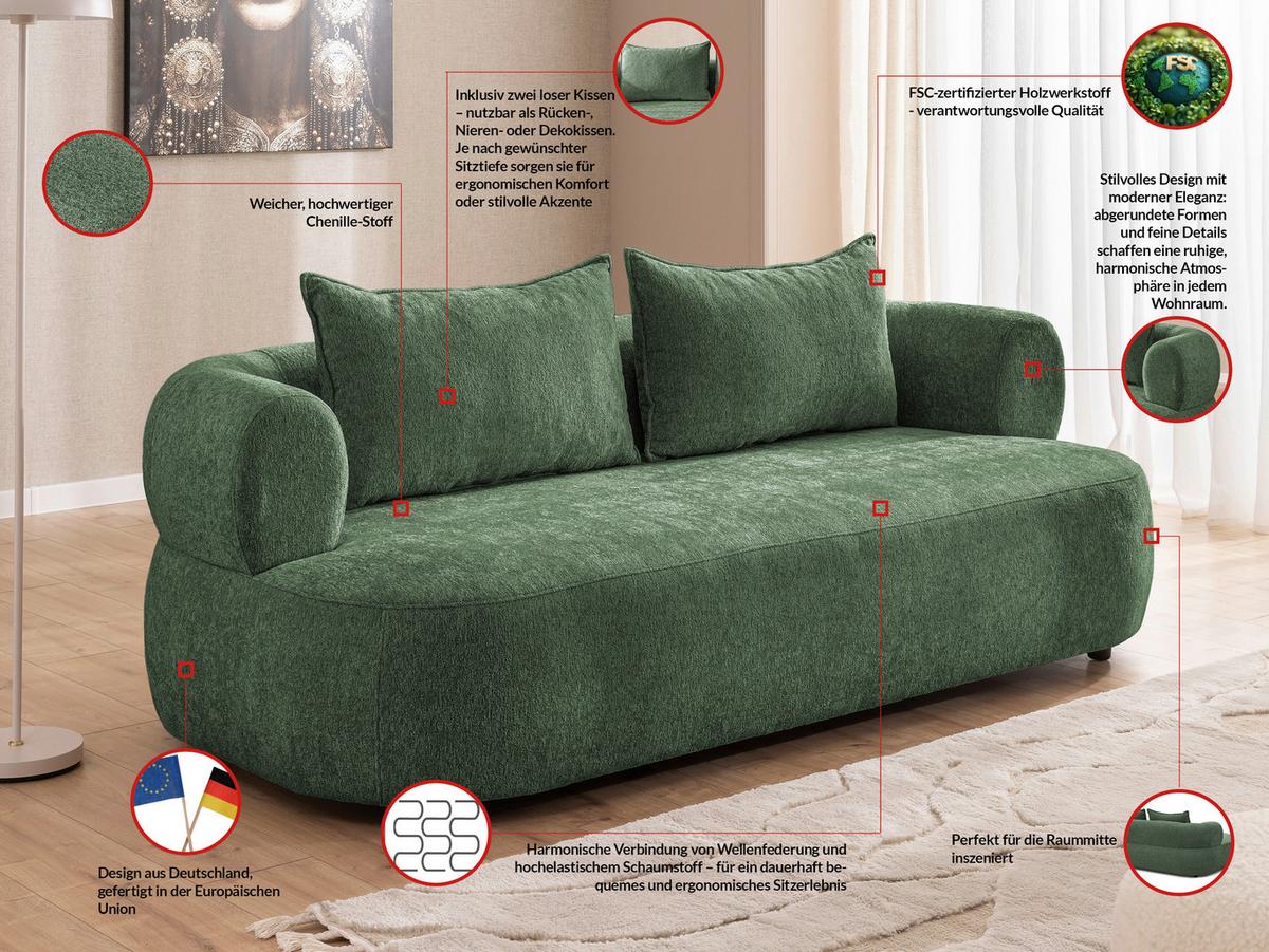 3-Sitzer-Sofa Ferro Grün B: 200 cm - Schwarz/Grün, Design, Textil (200/76/96cm) - Livetastic