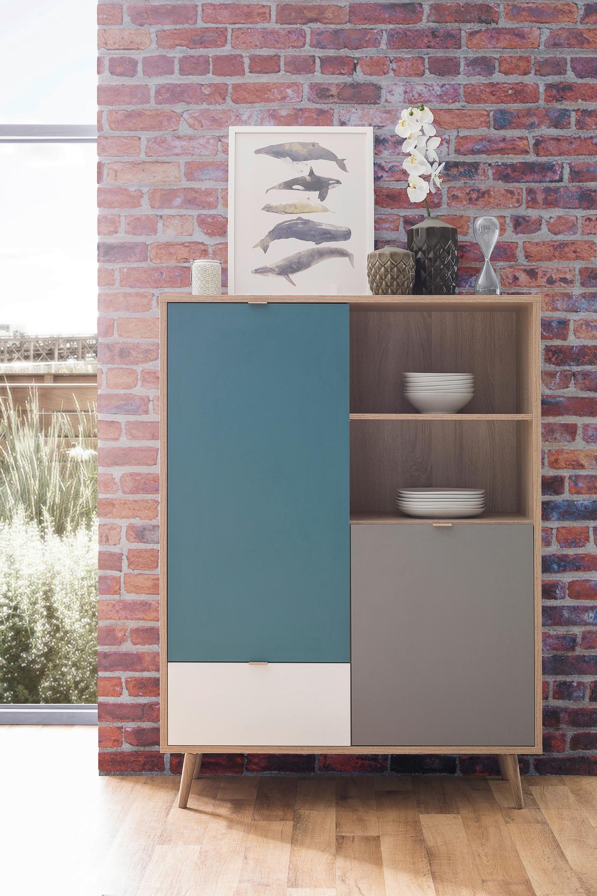 Highboard 103cm Cuba 53-Trend, Eiche Dekor/Grau/Petrol/Weiß - Eichefarben/Petrol, Trend, Holzwerkstoff (103/139/40cm) - MID.YOU