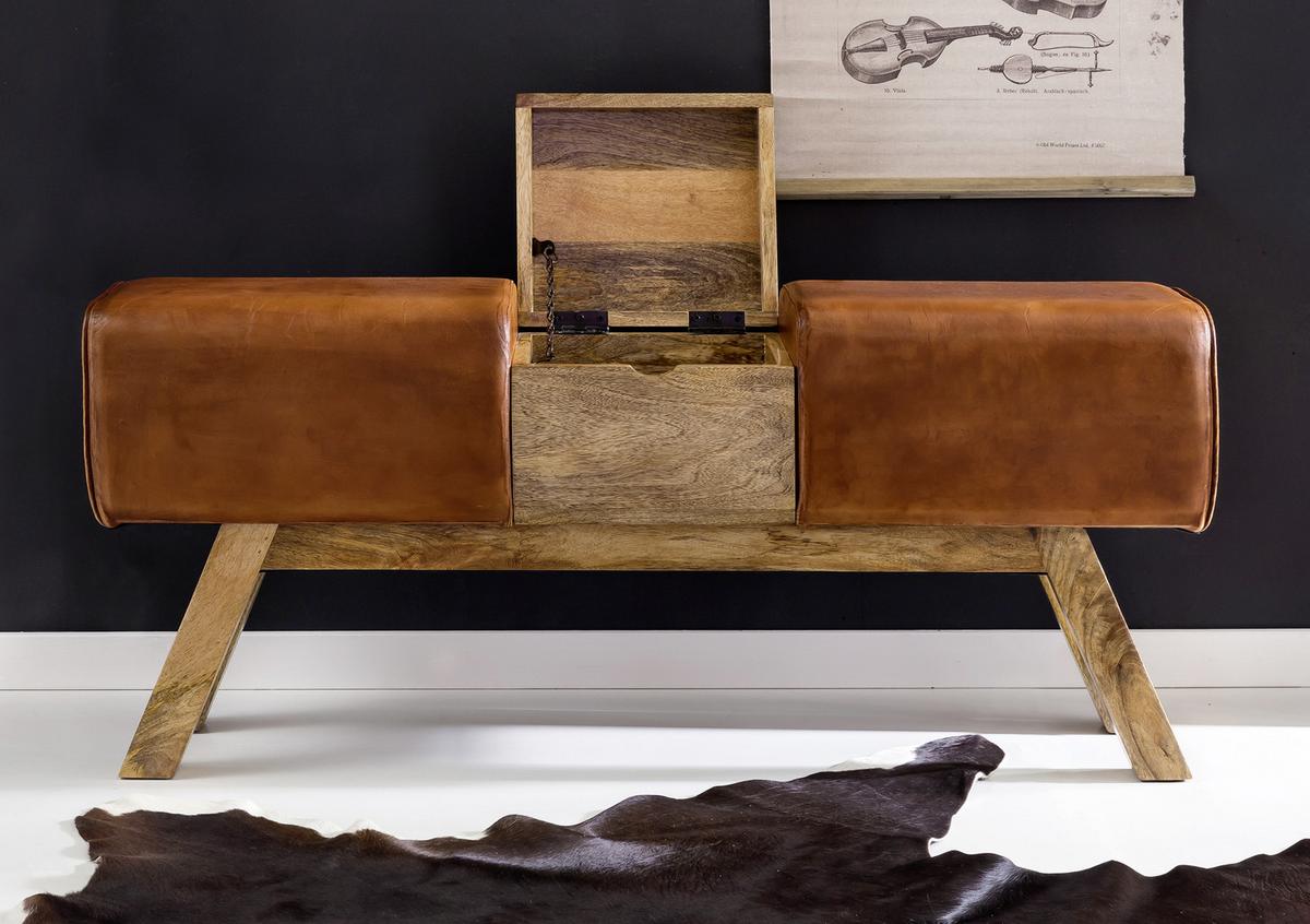 Garderobenbank B: 120 Cm Gepolstert Leder/mangoholz - Braun, Natur, Leder (120/53/29cm) - MID.YOU
