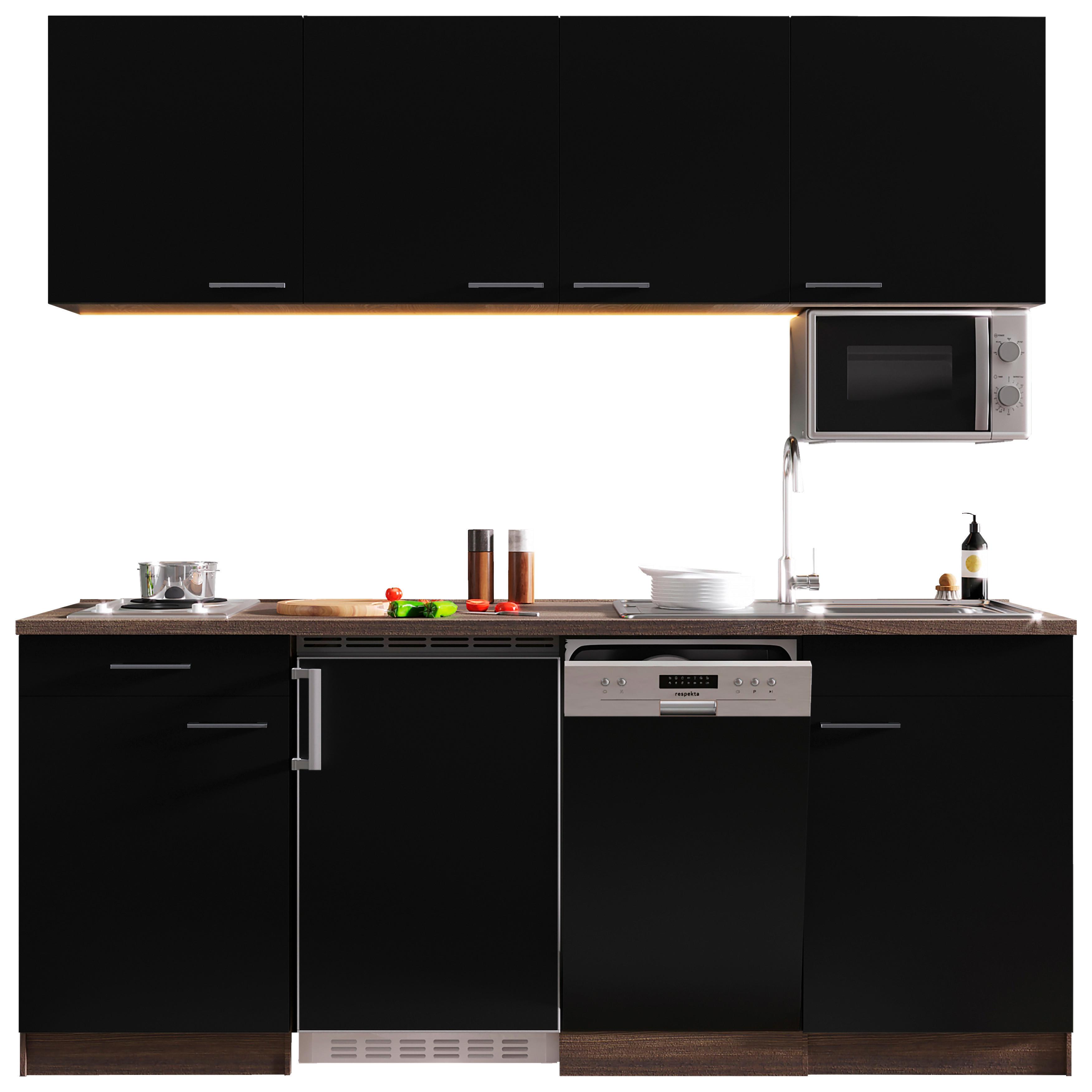 Küchenzeile Economy mit Geräten 195 cm Schwarz/Eiche Dekor - Eichefarben/Schwarz, Basics, Holzwerkstoff (195cm) - Respekta