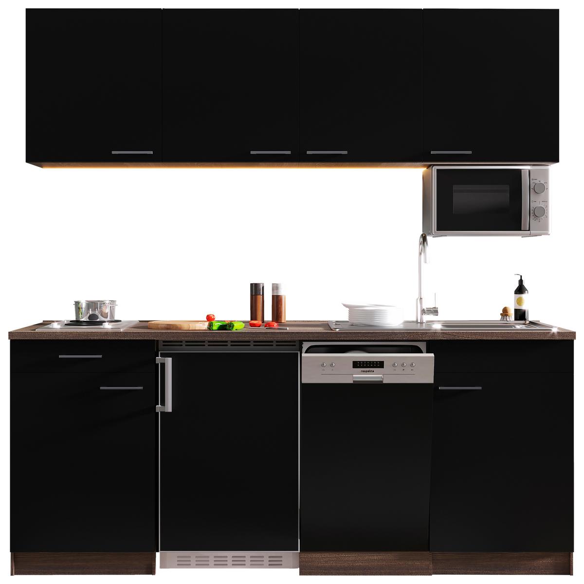 Küchenzeile Economy M. Geräten 195 Cm Schwarz/eiche Dekor - Eichefarben/Schwarz, Basics, Holzwerkstoff (195cm) - Respekta