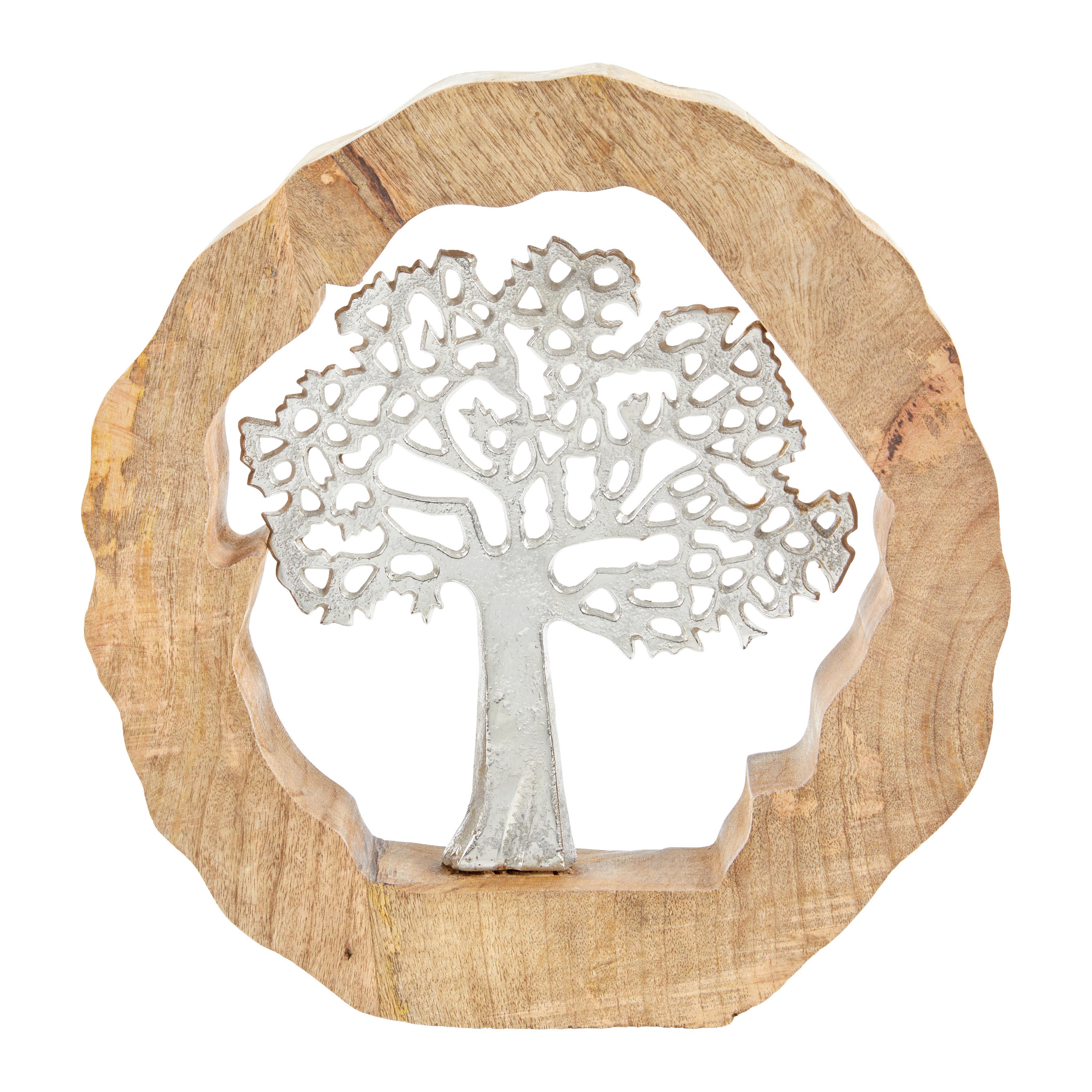 Dřevěná dekorace Tree - barvy stříbra/přírodní barvy, kov/dřevo (31/5/34cm)
