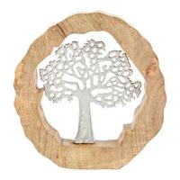 Dřevěná dekorace Tree - barvy stříbra/přírodní barvy, kov/dřevo (31/5/34cm)