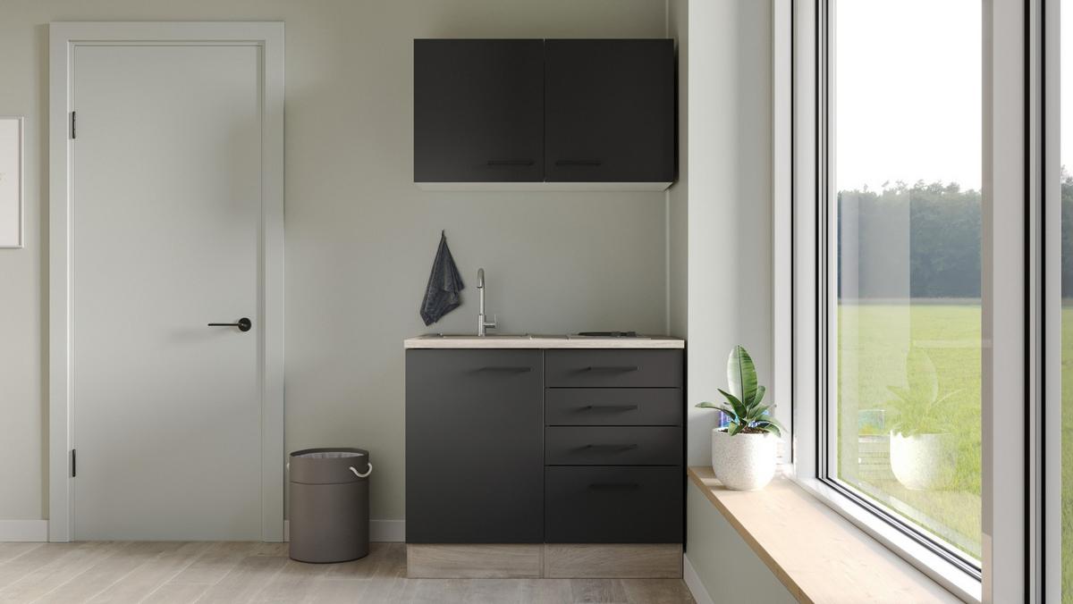 Minikuchyně CAPRI,šířka 300 cm včetně dřezu a varné desky - černá/barvy dubu, Moderní, kov/kompozitní dřevo (100cm) - FlexWell