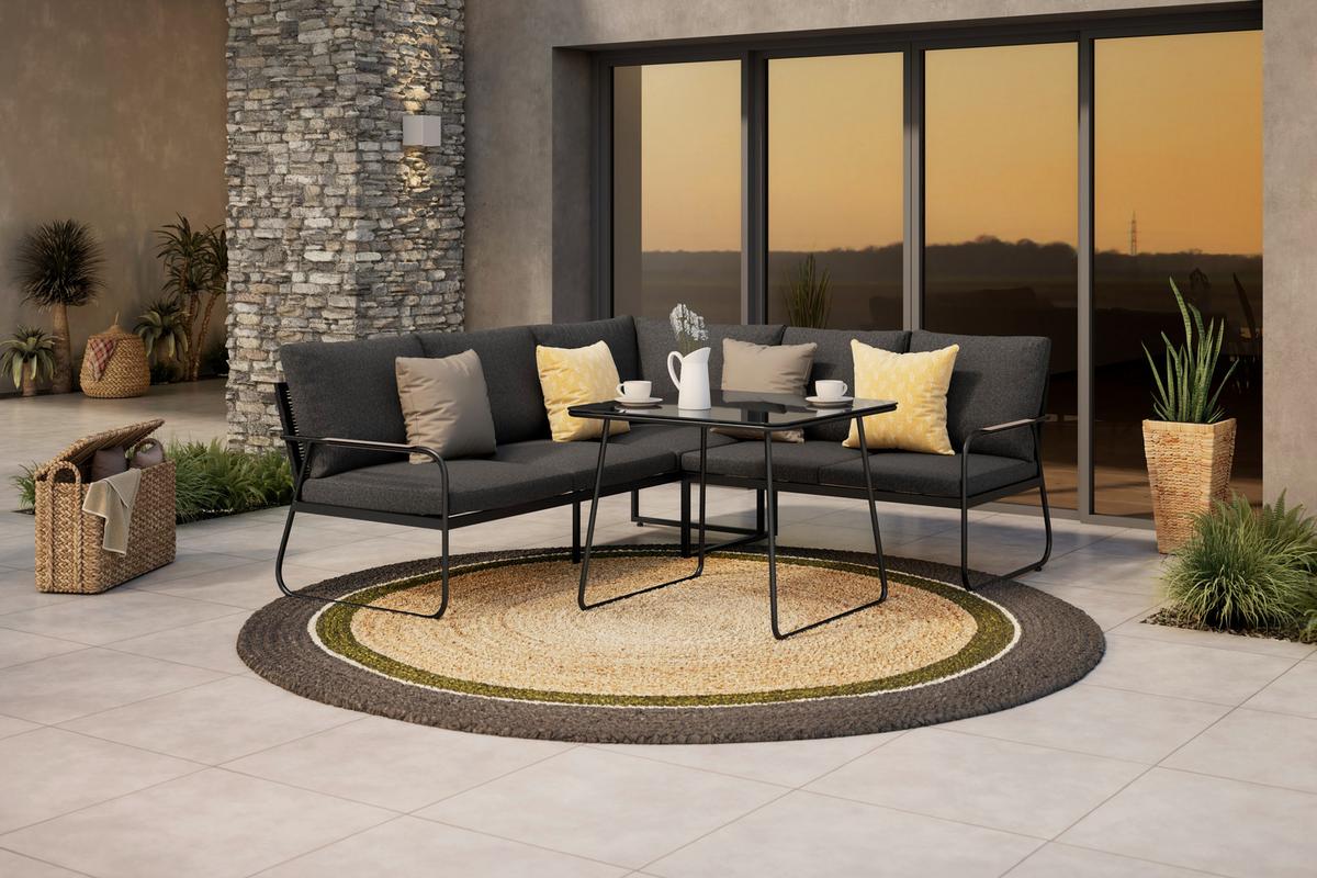 Loungegarnitur Granada - Dunkelgrau/Naturfarben, MODERN, Glas/Textil (194/192cm) - Beldano