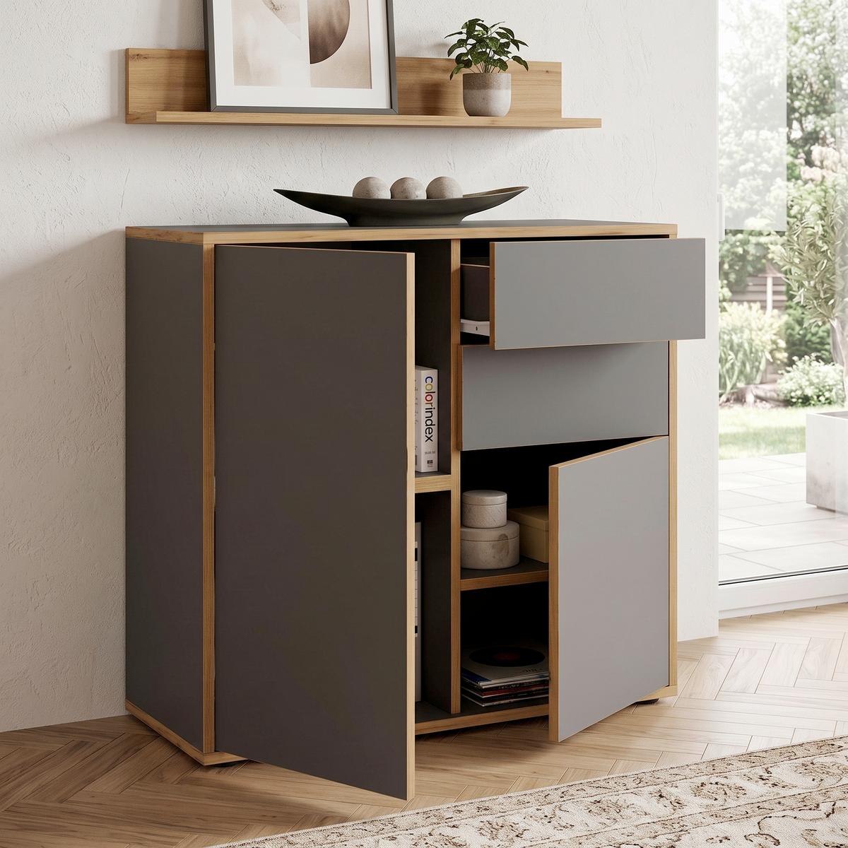 Komoda Salia, š: 79 cm - čierna/dub medový, Design, kompozitné drevo/plast (79/74/33cm) - MID.YOU