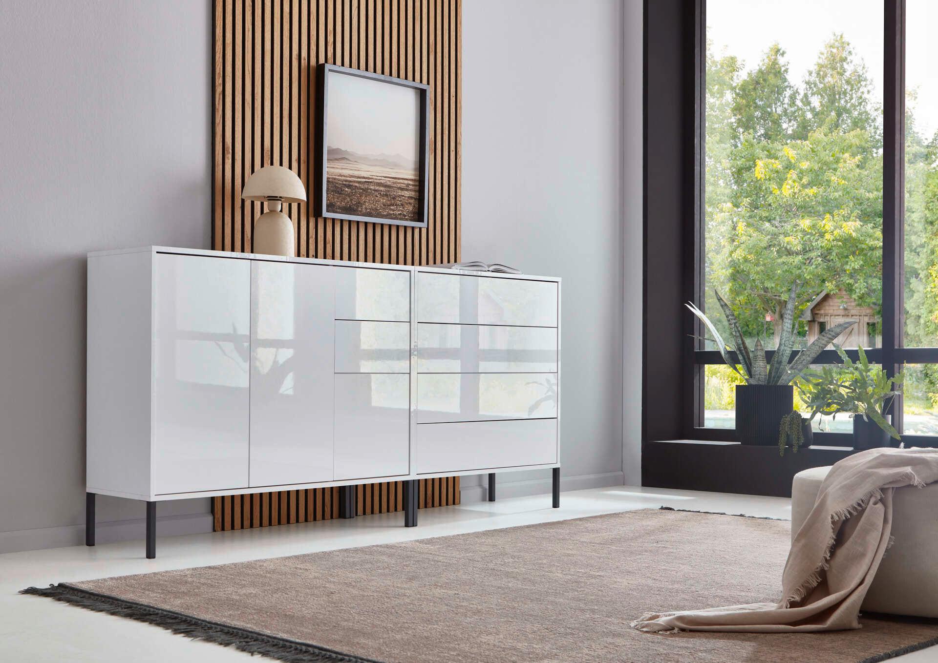 Sideboard Mailand 9 B: 184,5 Cm Weiß - Weiß Hochglanz/Anthrazit, MODERN, Holzwerkstoff (184,5/86/33cm) - MID.YOU