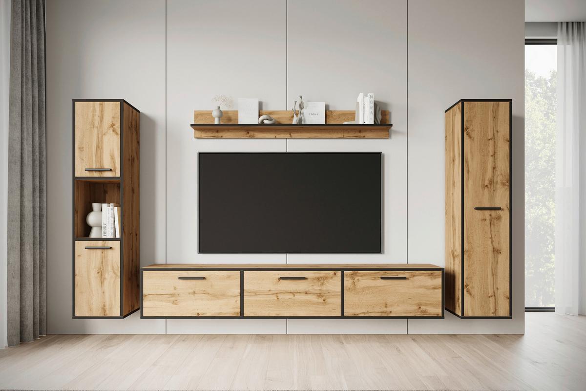 Wohnwand 4 -Teilig. Bogota XL Wotan Eiche Dekor - Eiche Wotan/Schwarz, Basics, Holzwerkstoff (240/130/31cm) - MID.YOU