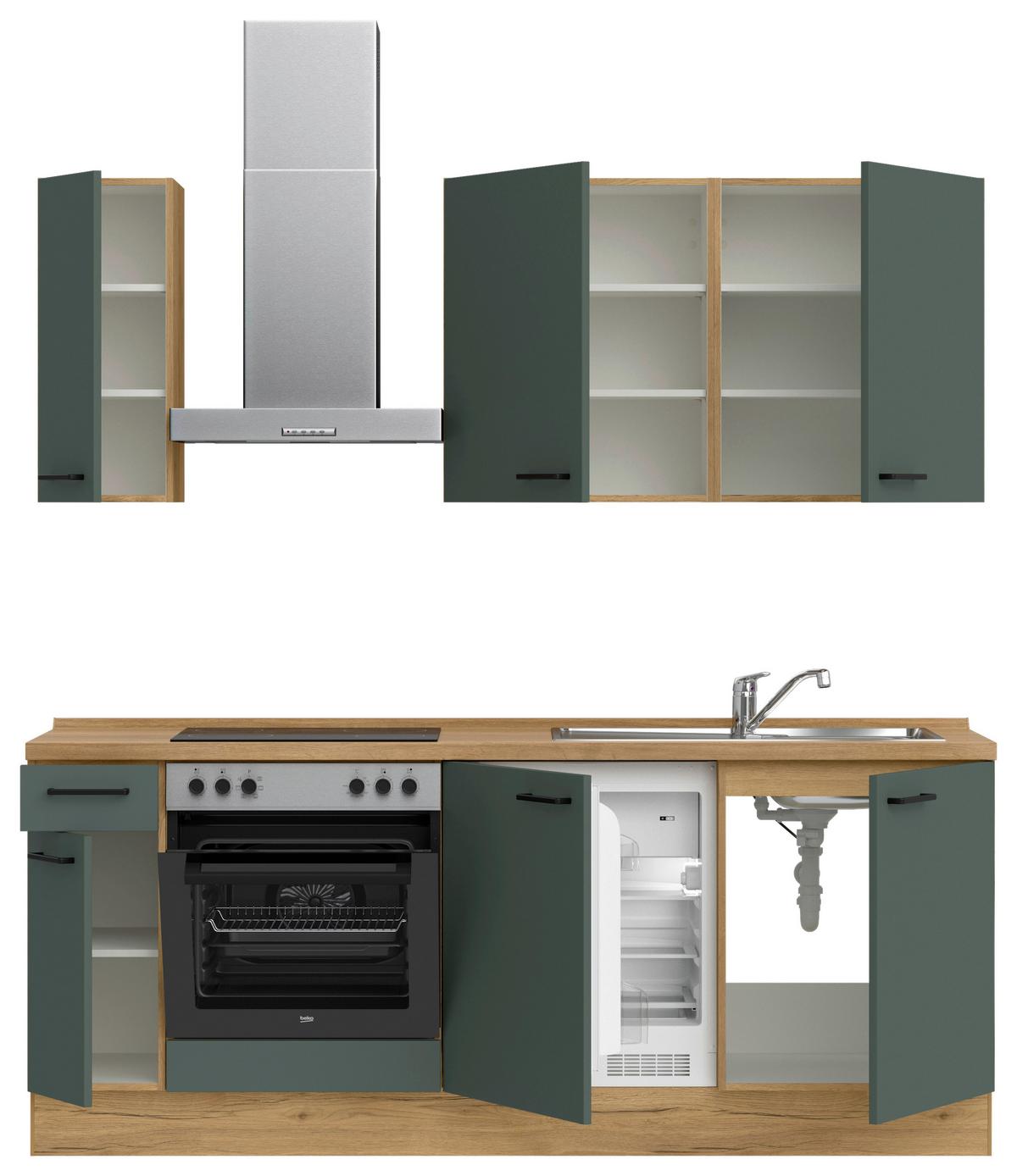 Kuchyňská linka 210 cm, minerální zelená,ultra matná - barvy dubu/černá, Moderní, kov/kompozitní dřevo (210cm) - Nobilia