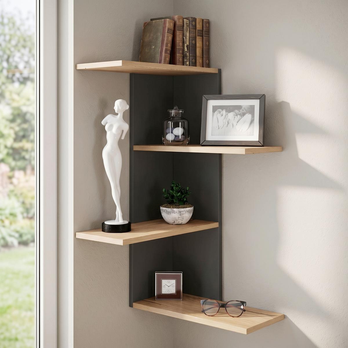 Eckregal Balos Schwarz, Honigeiche B: 45 cm - Honigeiche/Schwarz, LIFESTYLE, Holzwerkstoff (45/77/45cm) - MID.YOU