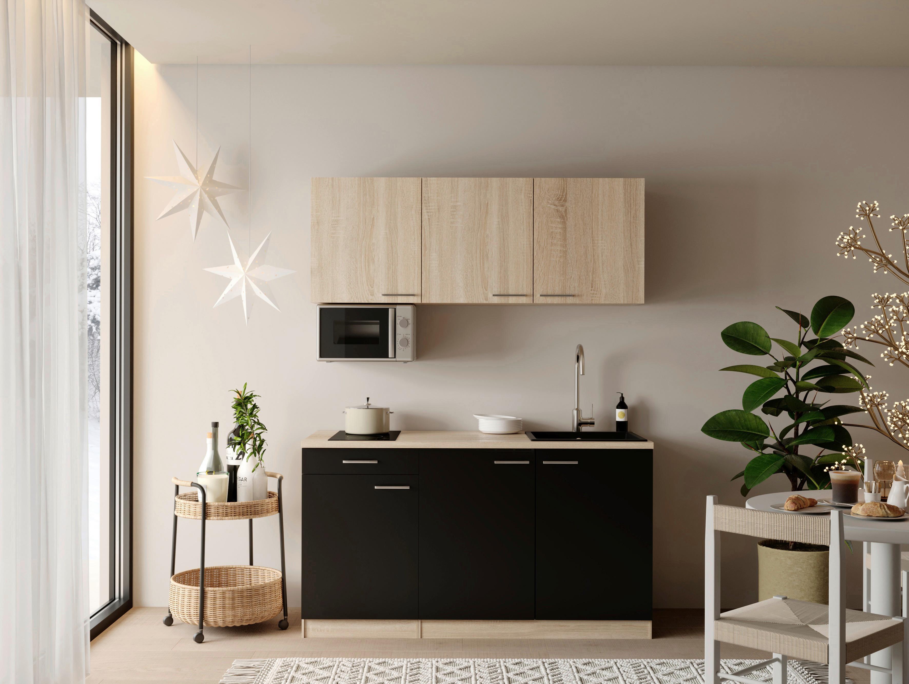 MINIKÜCHE Ingrid, Schwarz B: 150 cm - Eichefarben/Schwarz, Design, Holzwerkstoff (150cm) - Respekta