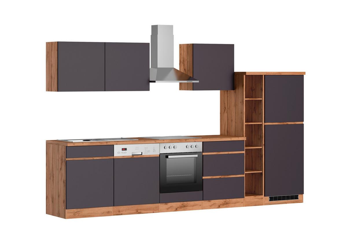 Küchenzeile Turin mit Geräte B: 330cm Grau/Wotaneiche Dekor - Eiche Wotan/Grau, Design, Holzwerkstoff (330cm) - Held