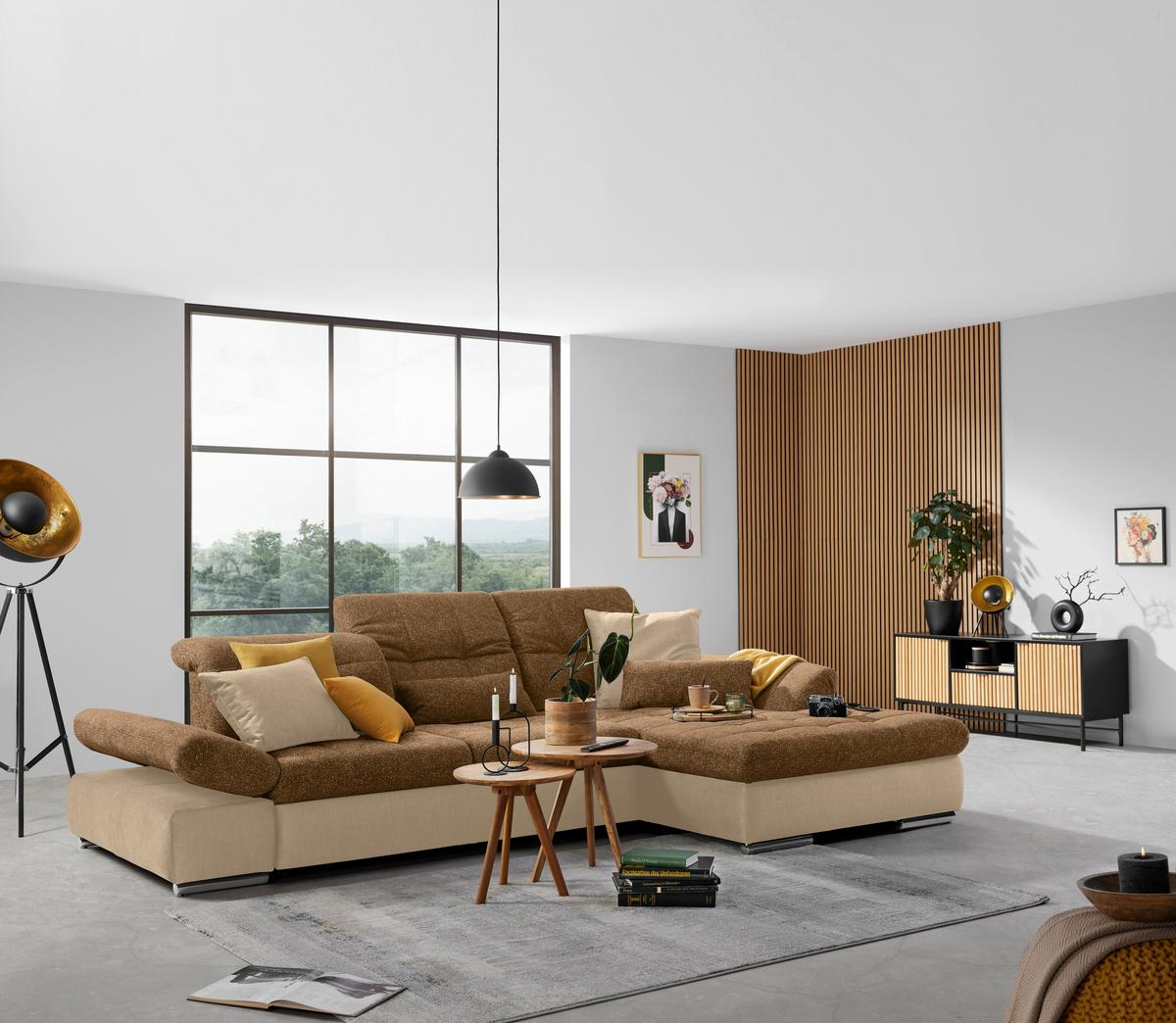 Rohová sedačka SANFINO, pravá, šedohnědá / koňaková - barvy chromu/koňaková, Konvenční, kov/dřevo (305/79-96/199cm) - Premium Living
