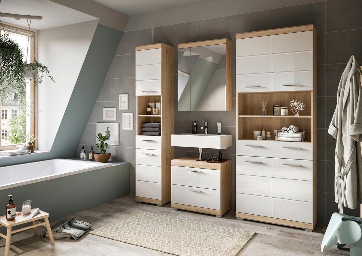 Badezimmer Lambada Eiche Dekor/Weiß B: 165 cm - Weiß Hochglanz/Silberfarben, MODERN, Glas/Holzwerkstoff (165cm) - MID.YOU