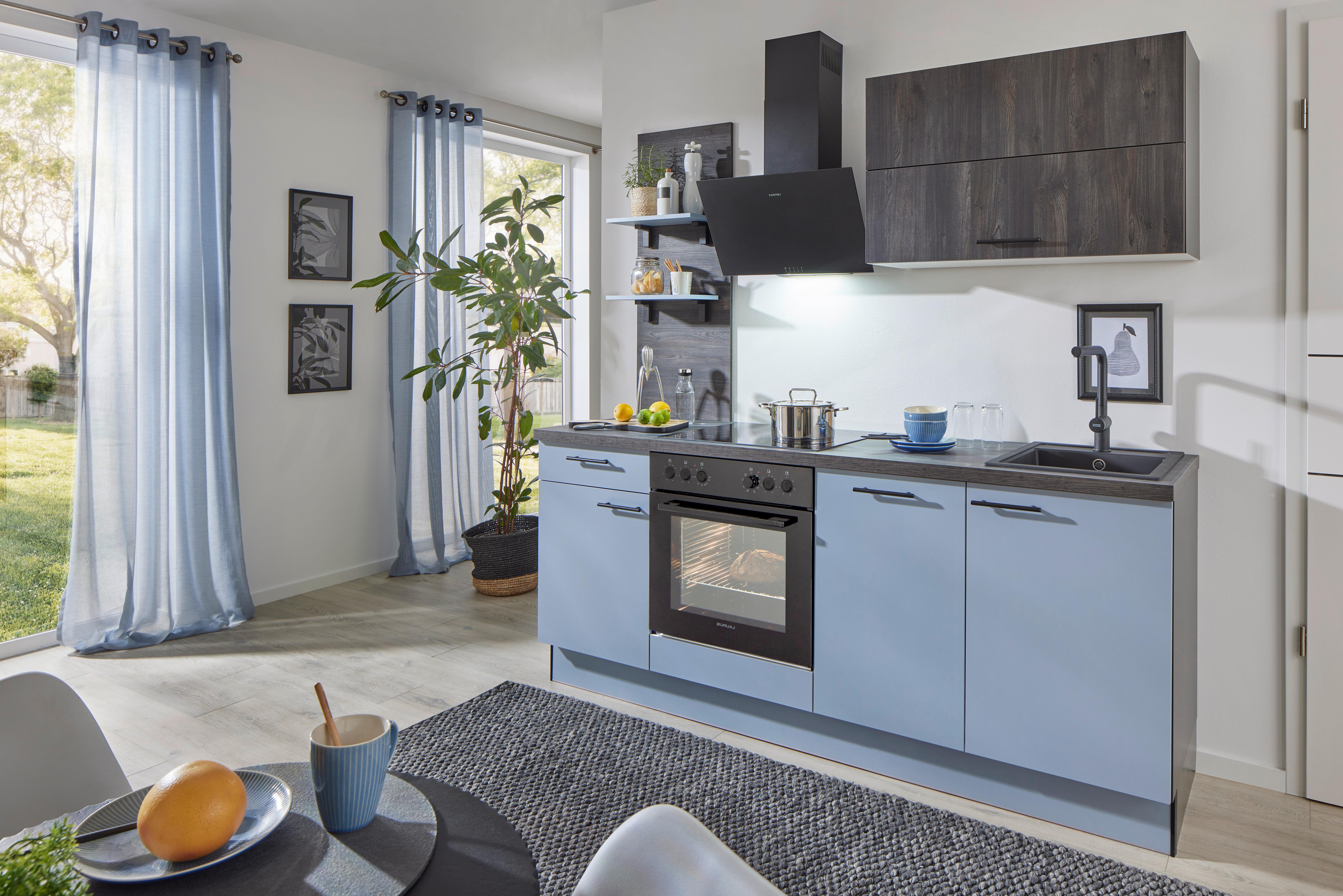 Küchenblock Pn105 / Pn 100 - Eiche dunkel/Pastellblau, Basics, Holzwerkstoff (205cm) - Pino