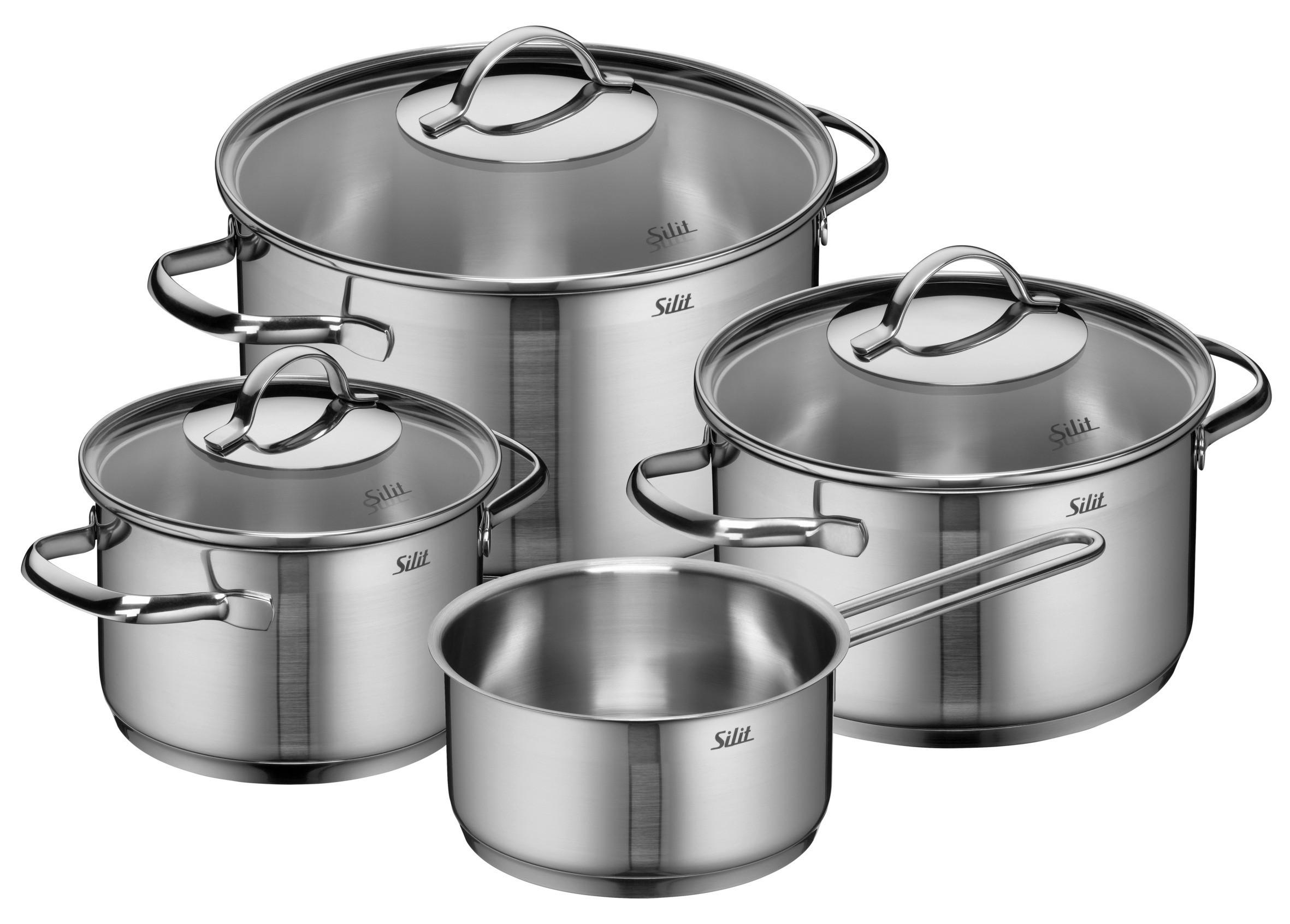 Kochtopfset Achat, 4-teilig, Edelstahl, Inkl. 3 Deckeln - Edelstahlfarben, KONVENTIONELL, Glas/Metall - Silit