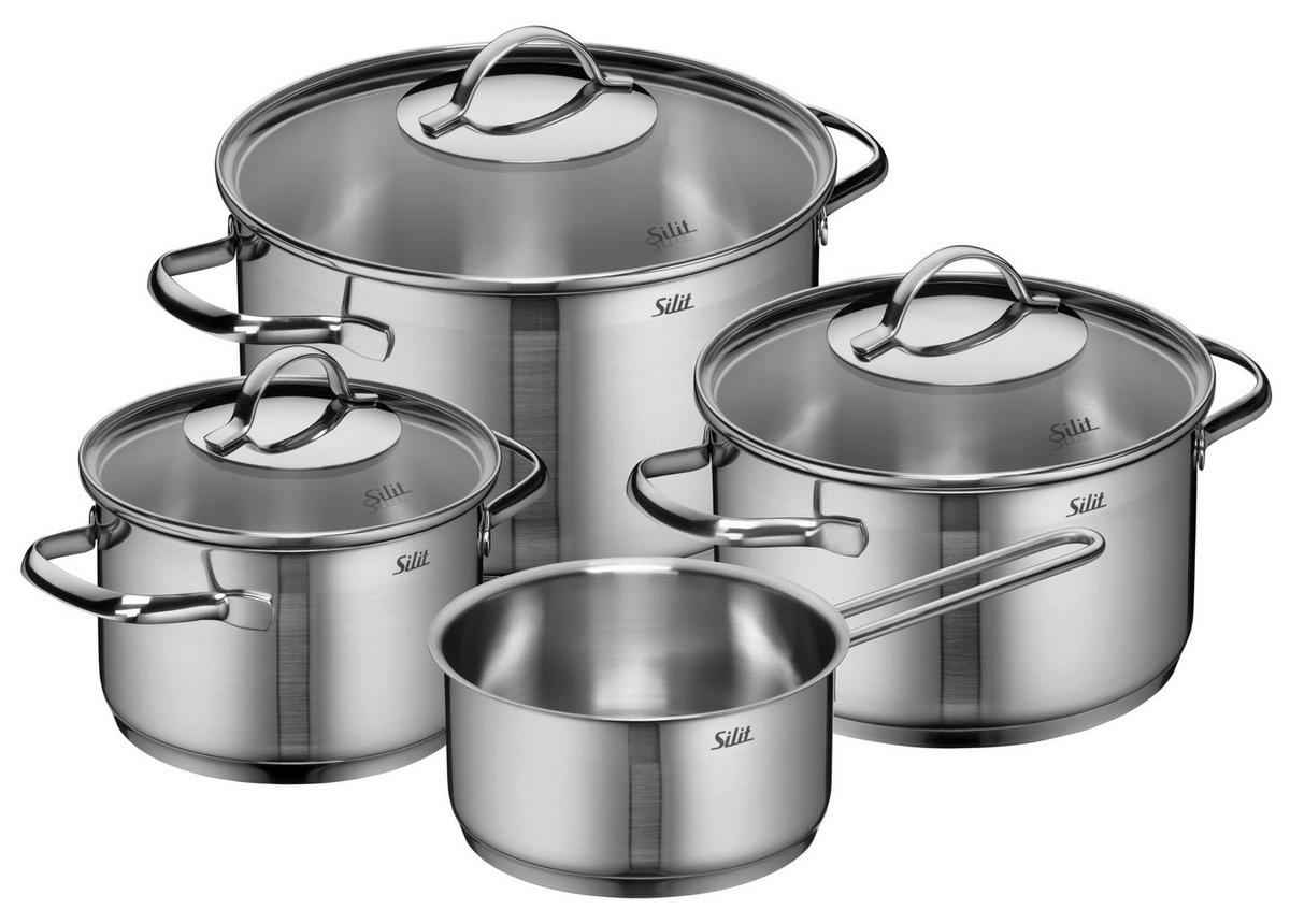 Kochtopfset Achat, 4-Teilig, Edelstahl, inkl. 3 Deckeln - Edelstahlfarben, KONVENTIONELL, Glas/Metall - Silit
