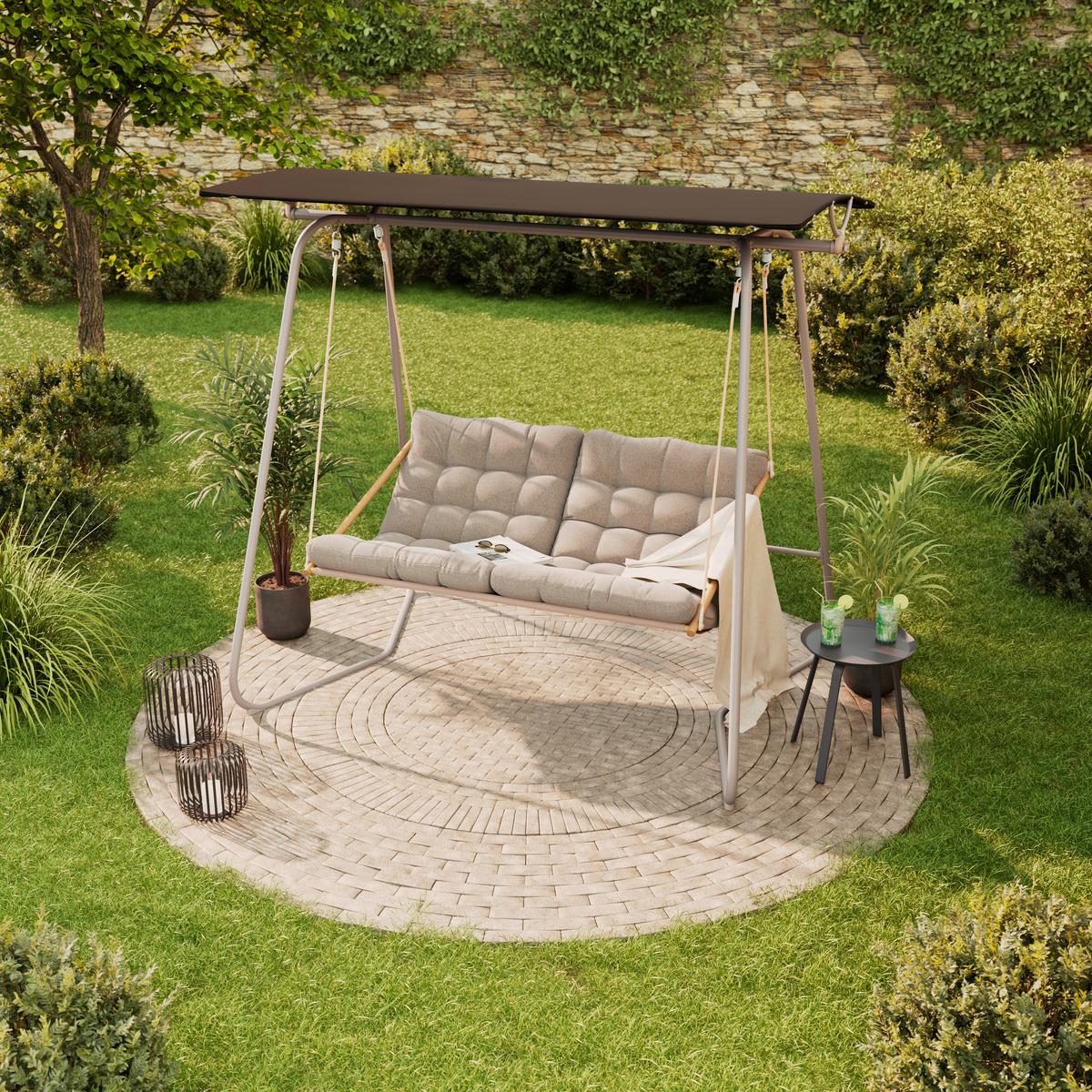 Hollywoodschaukel Bilbao - Dunkelgrau/Beige, MODERN, Textil/Metall (220/151/195cm) - Beldano