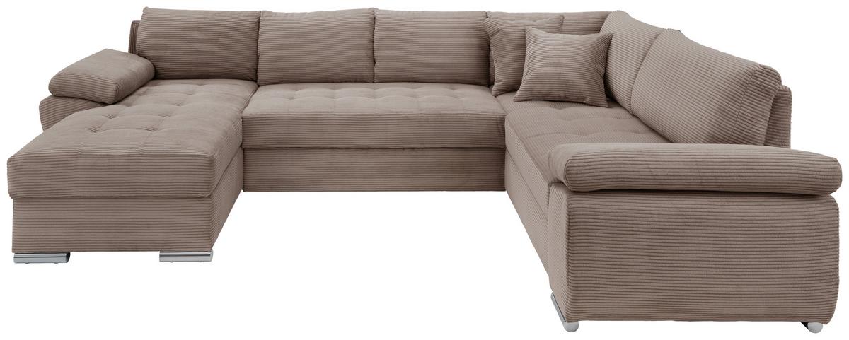 Wohnlandschaft Terana mit Schlaffunktion, Goldbraun - Chromfarben/Graubraun, KONVENTIONELL, Textil (157/305/219cm) - Livetastic