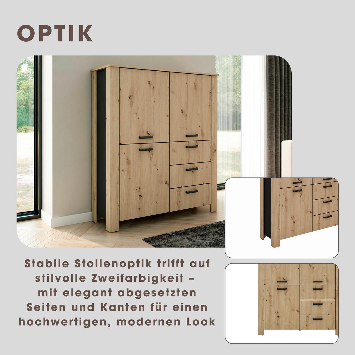Highboard Faro Eiche Artisan B: 120 Cm - Schwarz/Eiche Artisan, Design, Holzwerkstoff (120/137/40cm) - MID.YOU