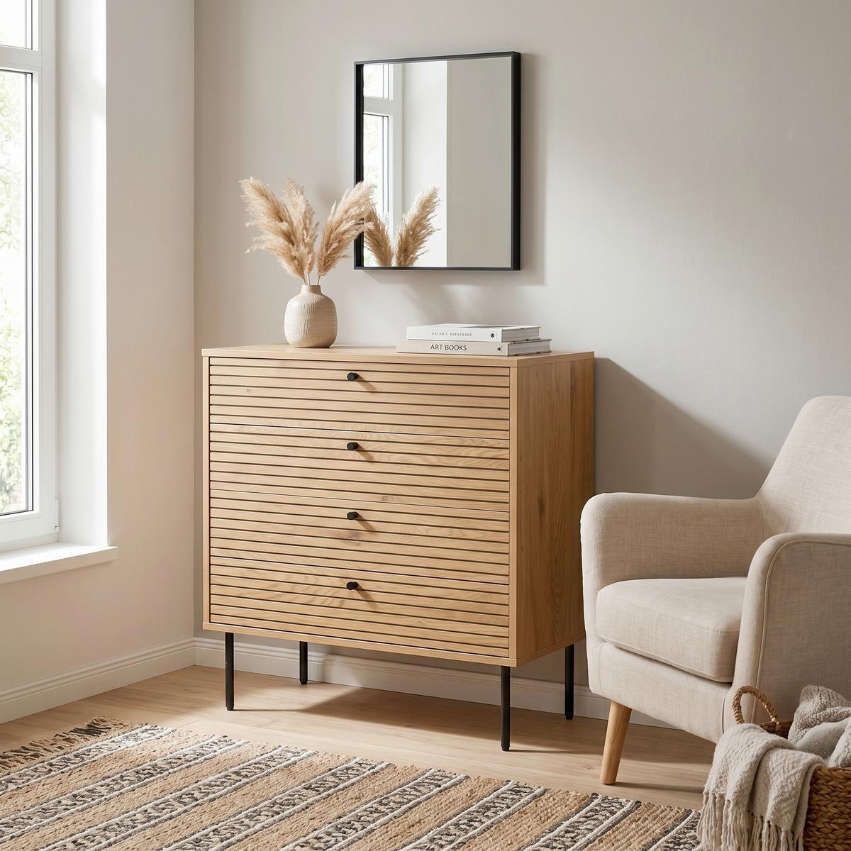 KOMODA LINNO K - čierna/farba duba, Modern, kov/kompozitné drevo (80/85/40cm) - MID.YOU