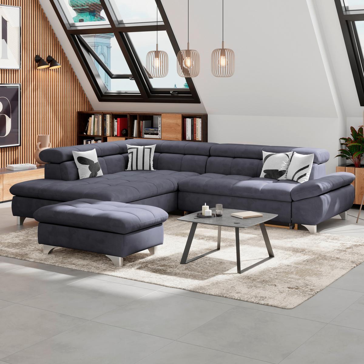 Eckbank Gemini Dunkelgrau, B: 234cm - Chromfarben/Dunkelblau, KONVENTIONELL, Textil (234/312cm)